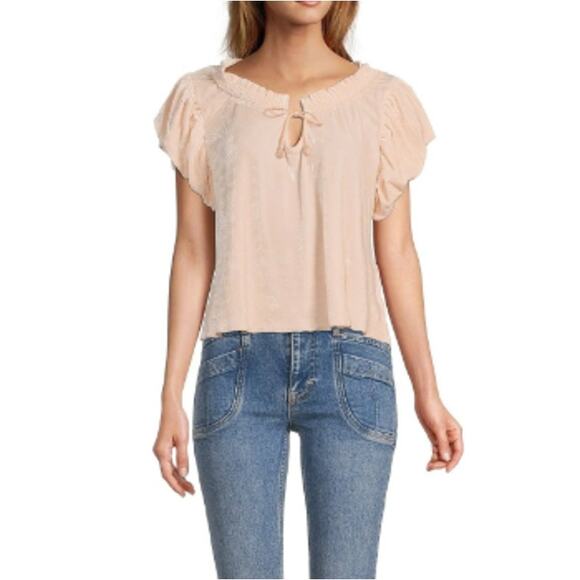 NEW FREE PEOPLE Pink Terese Velvet Ruffle Sleeve Blouse Top Oversized XS - Picture 1 of 7